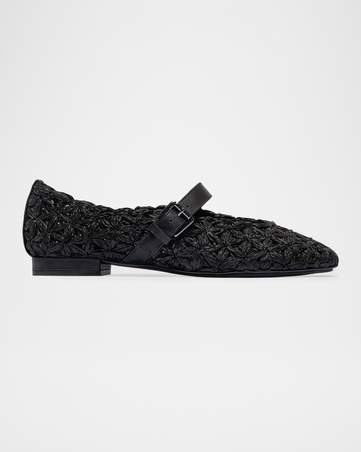 Bernardo Borden Raffia Mary Jane Ballerina Flats In Black