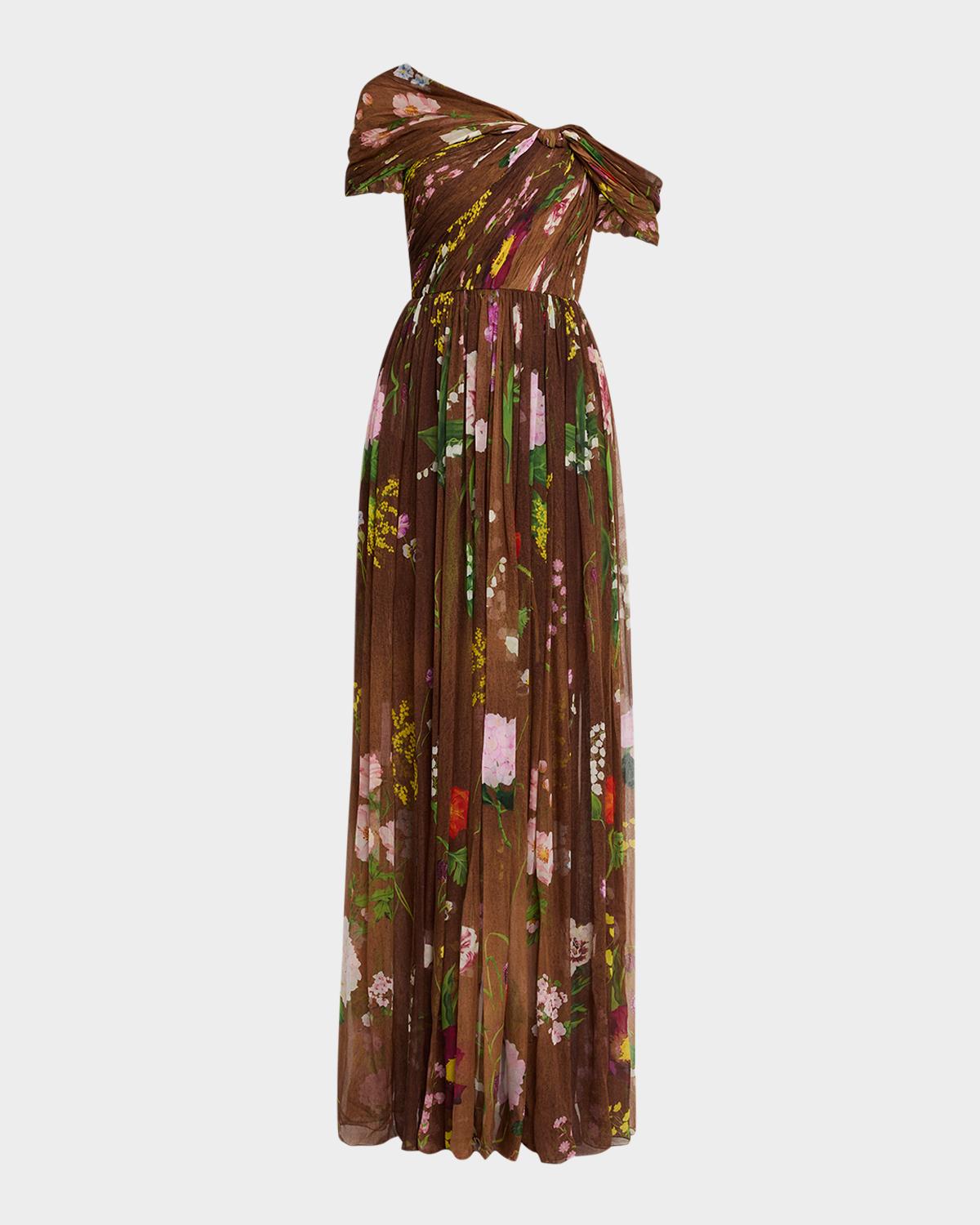 Oscar de la Renta One-Shoulder Mixed Botanical Silk Chiffon Gown