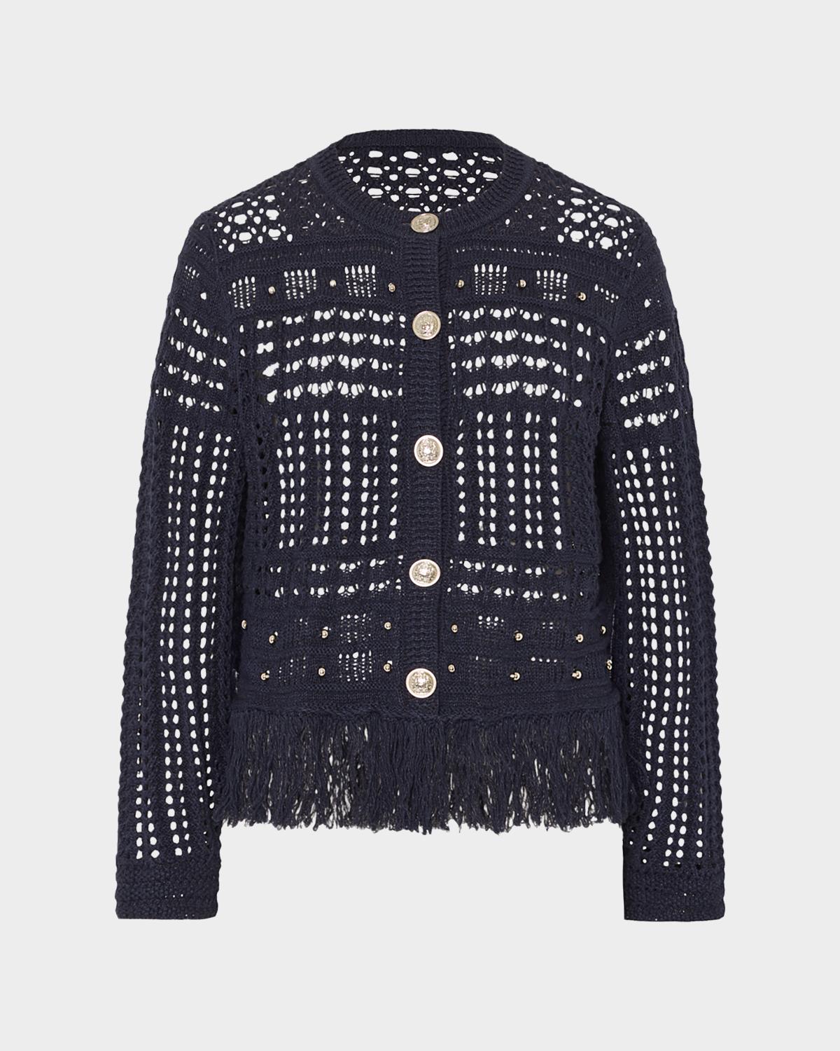 Milly Fringed Open-Knit Cardigan
