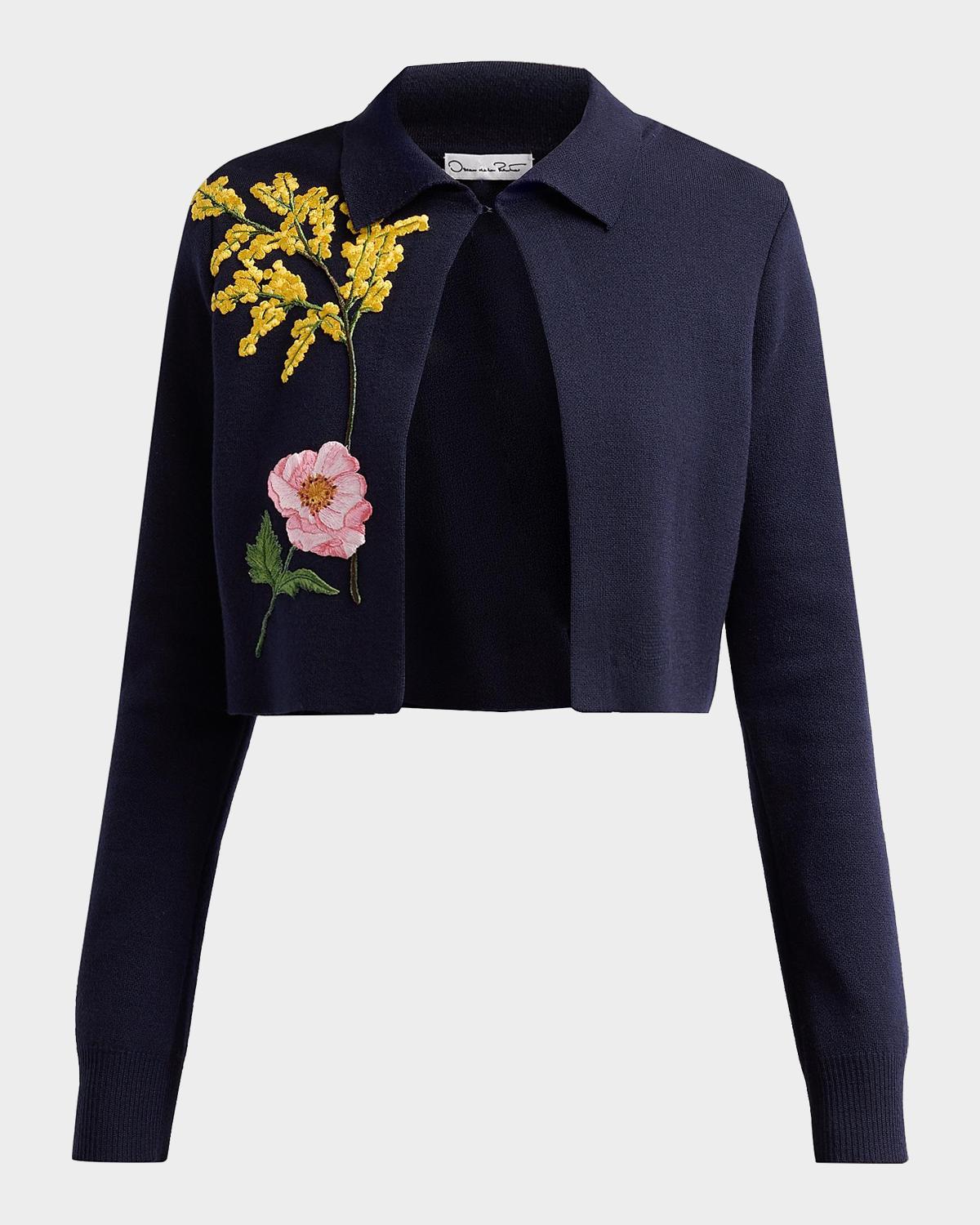 Floral Embroidered Wool Crop Collared Cardigan