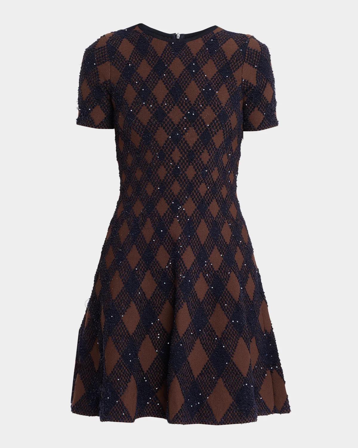 Oscar de la Renta Shimmering Argyle Knit Short-Sleeve Mini Dress