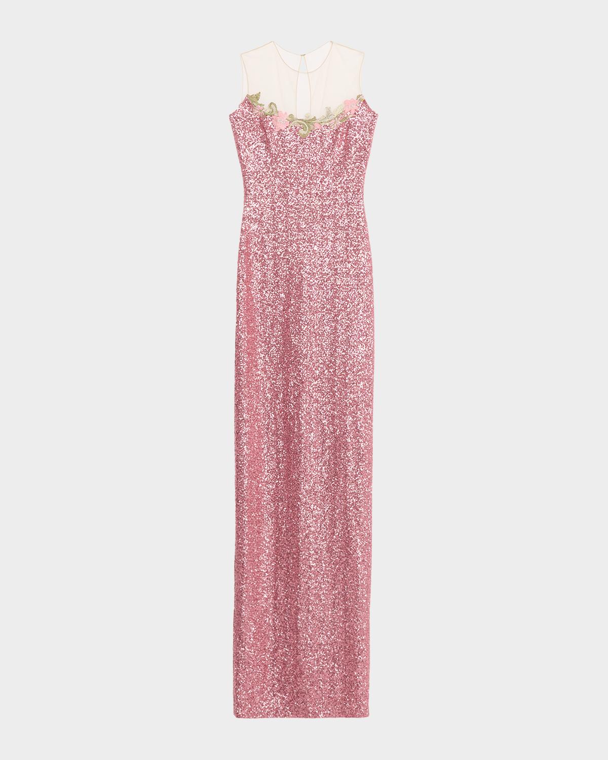 Naeem Khan Illusion Yoke Sequined Floral Applique Sleeveless Gown