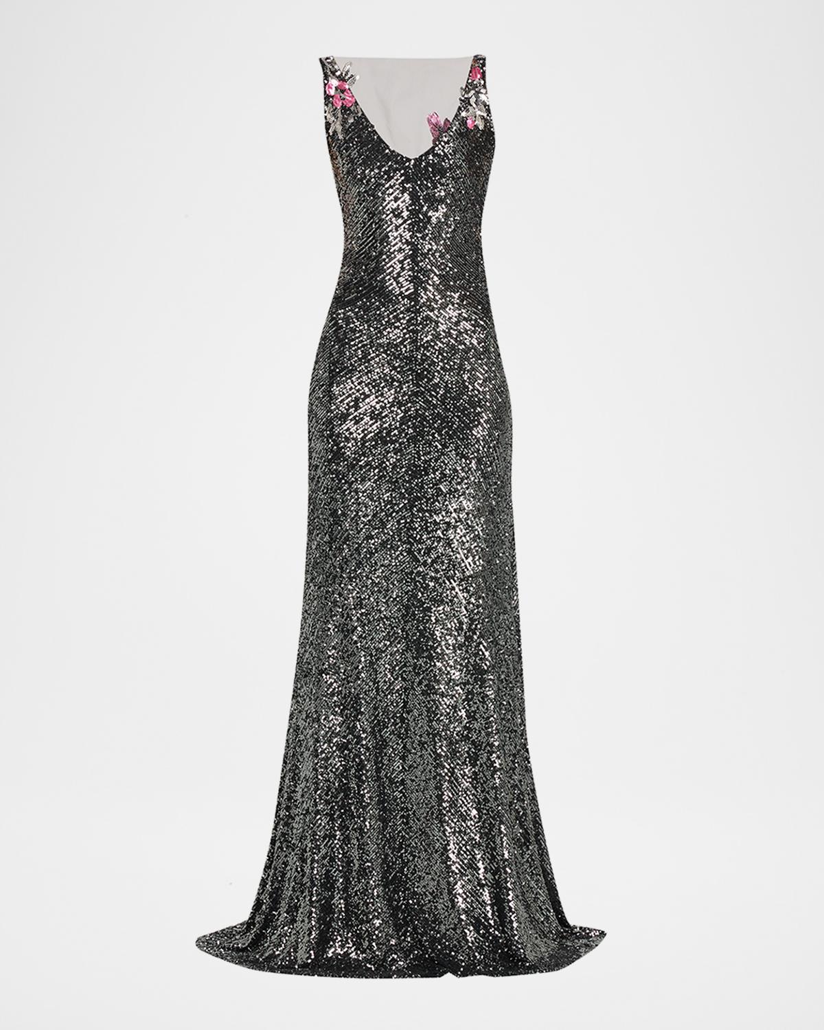 Floral Applique Stretch Sequin V-Neck Gown