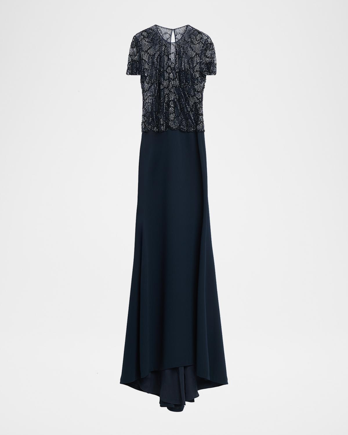 Naeem Khan Beaded Bodice Cap-Sleeve Fit-And-Flare Crepe Gown