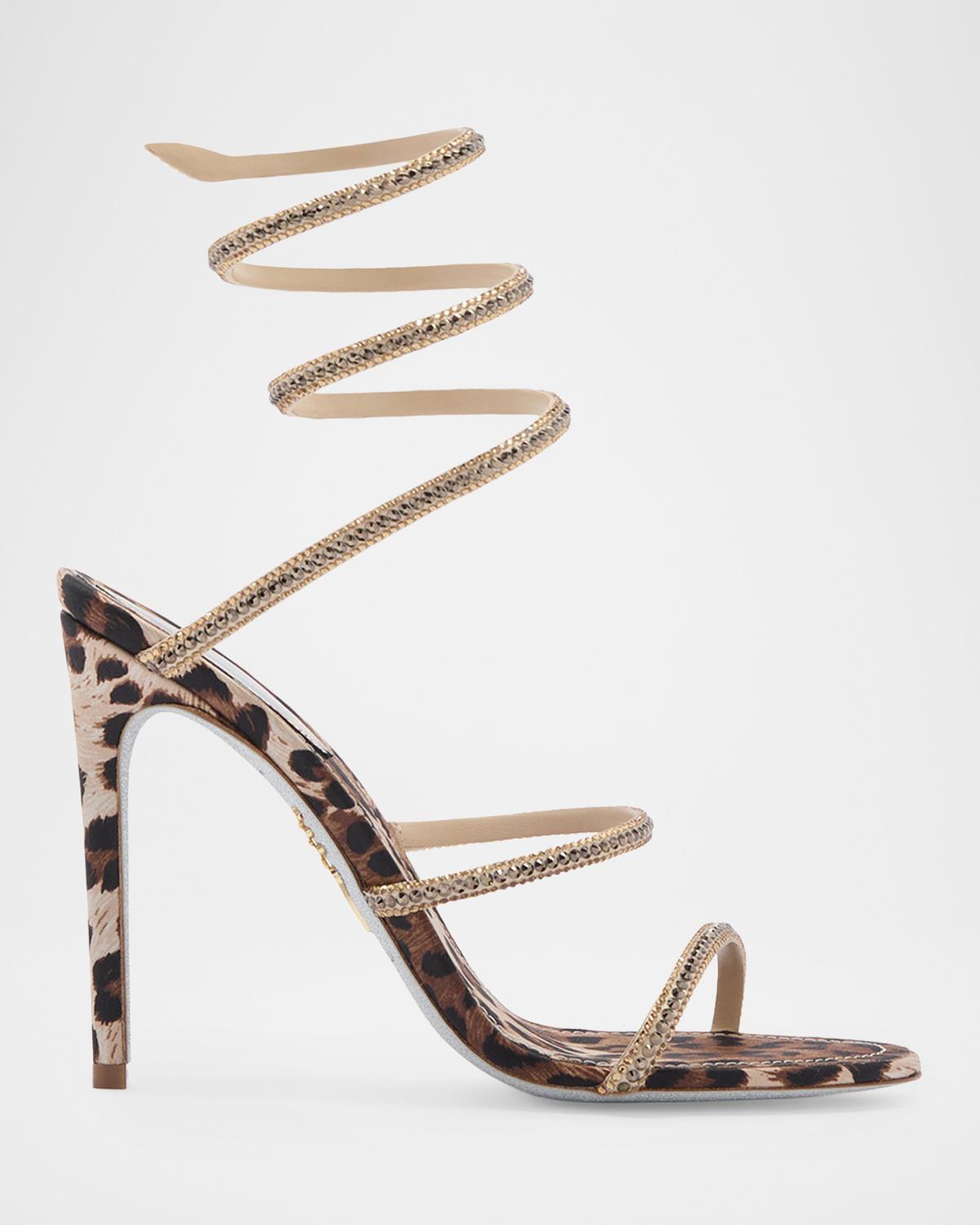 Rene Caovilla 105mm Cleo Leopard Satin Crystal Snake-Wrap Sandals