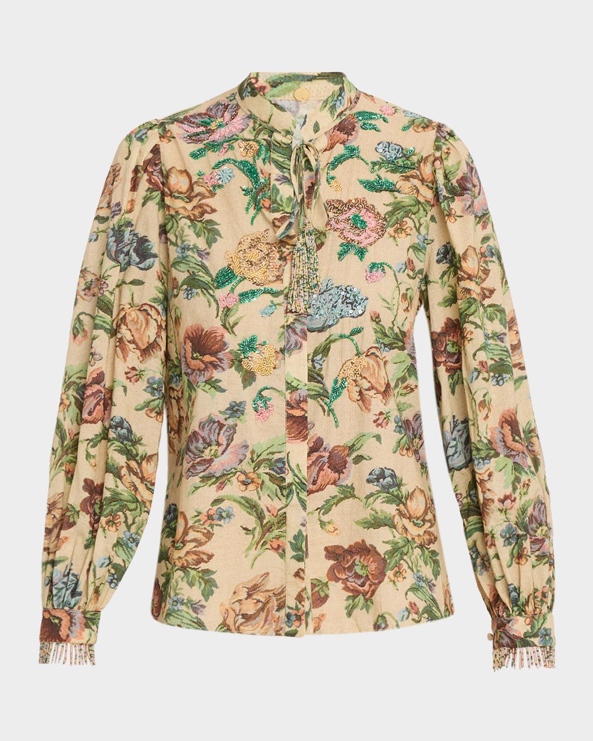 Kobi Halperin Asher Beaded Floral-Print Cotton Blouse