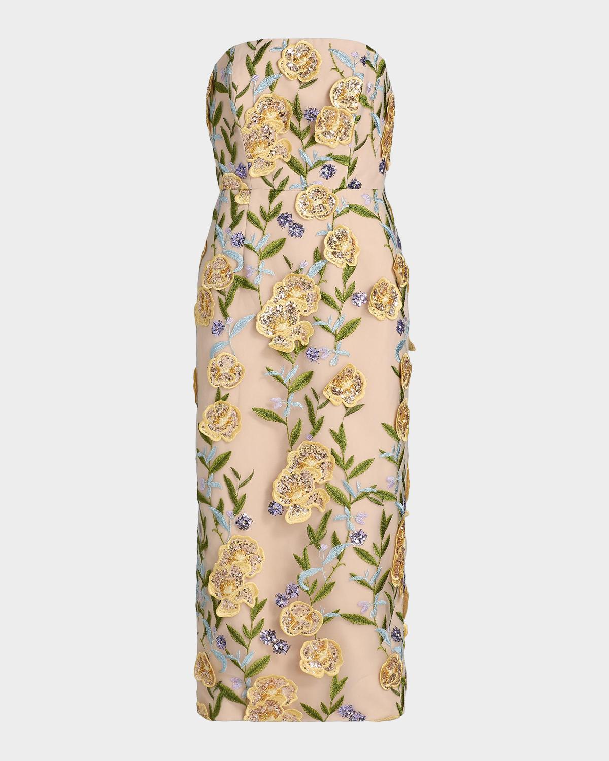 Milly Kait Embroidered Strapless Midi Dress
