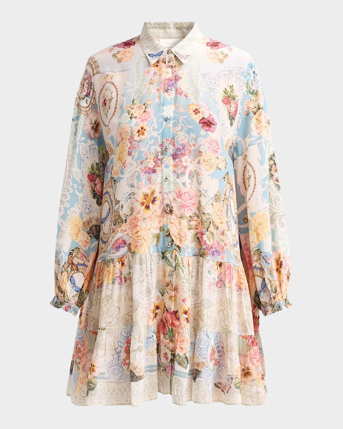 Camilla A Taste For Lace Printed Silk Tiered Mini Shirtdress