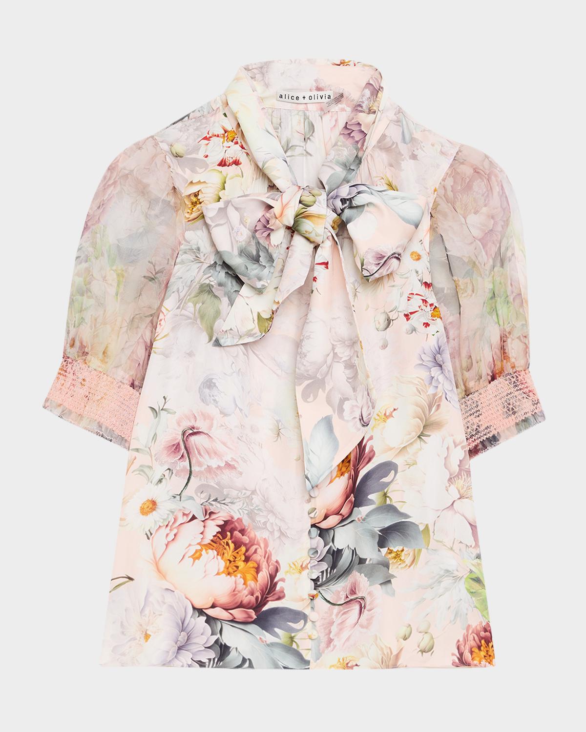 ALICE + OLIVIA Brentley Floral Tie-Neck Blouse