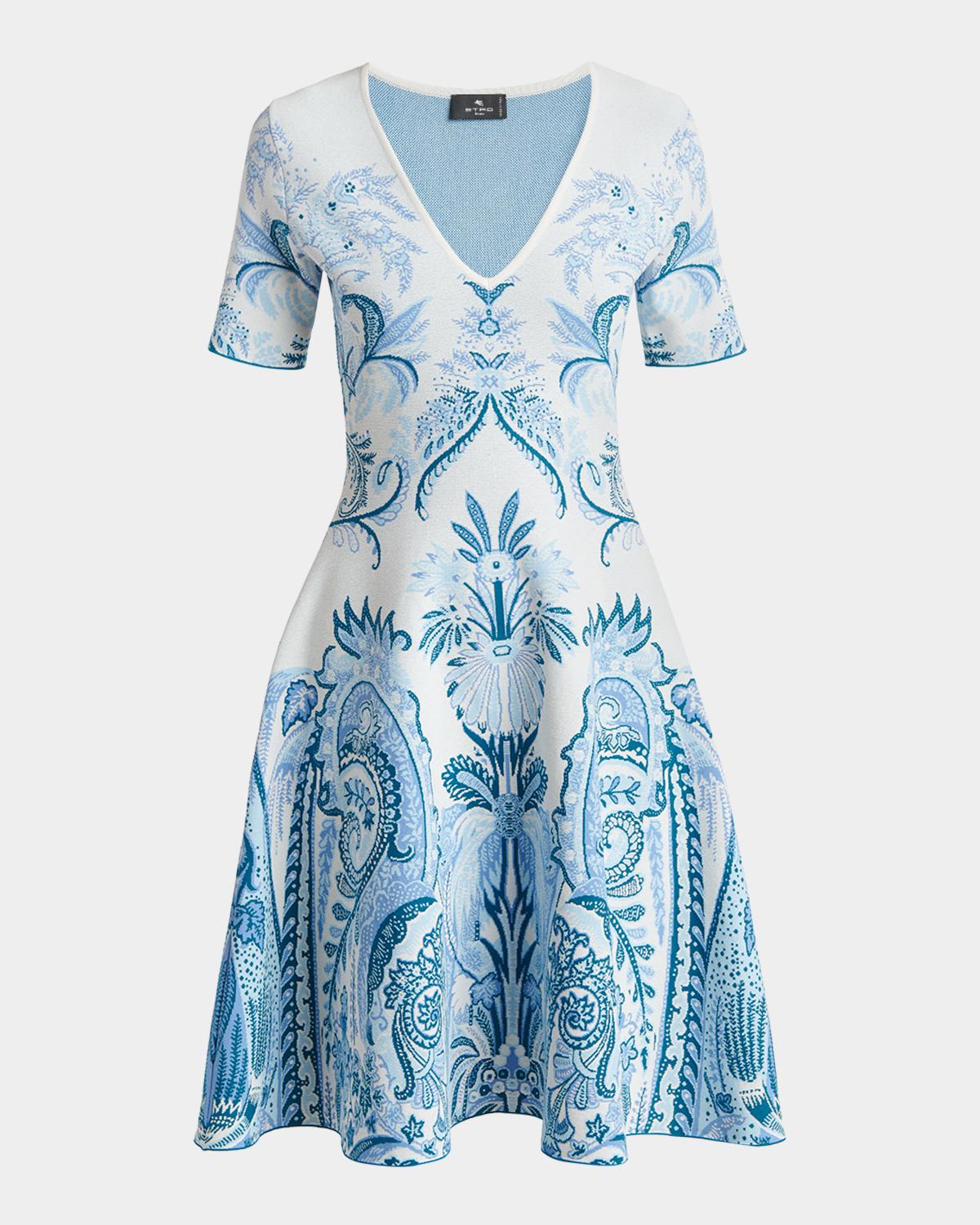 Etro Leafy Paisley Jacquard Short-Sleeve A-Line Dress