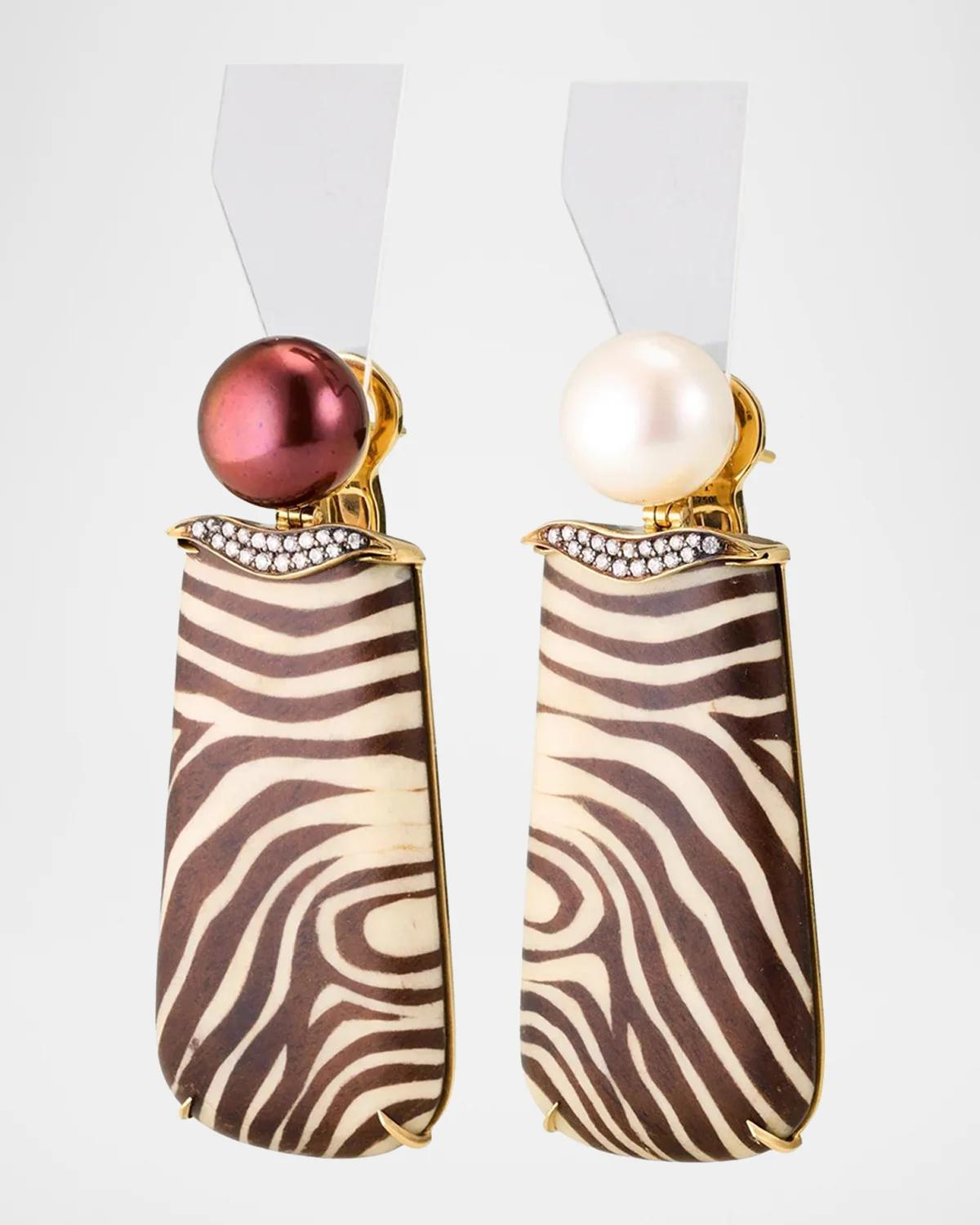 18K Zebra Marquetry Drop Earrings with Pearls and Diamonds