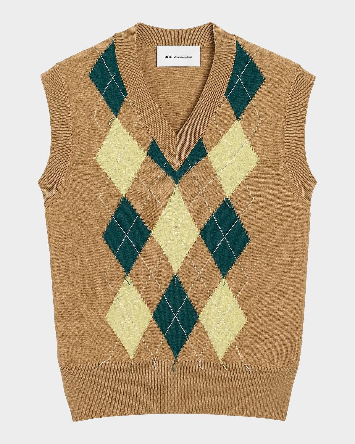 Ami Paris Men's Wool Intarsia Knit Argyle Vest