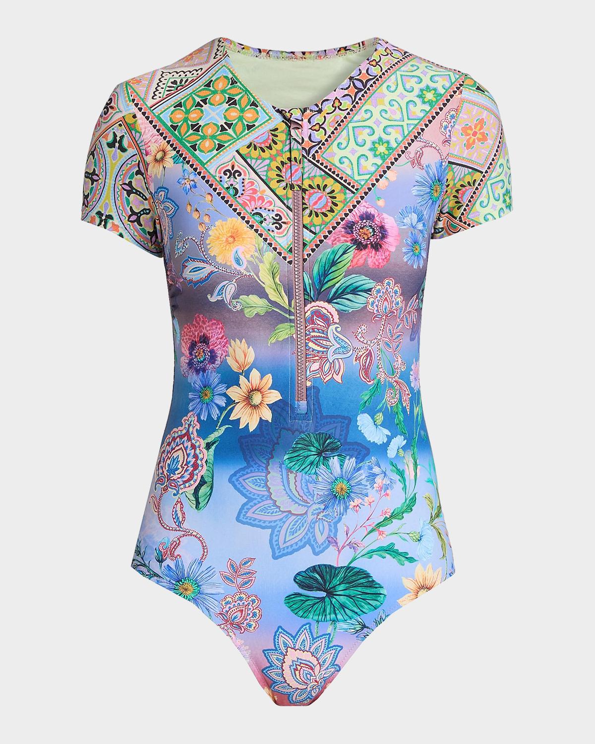Johnny Was Lilliana Printed Rashguard One-Piece Swimsuit
