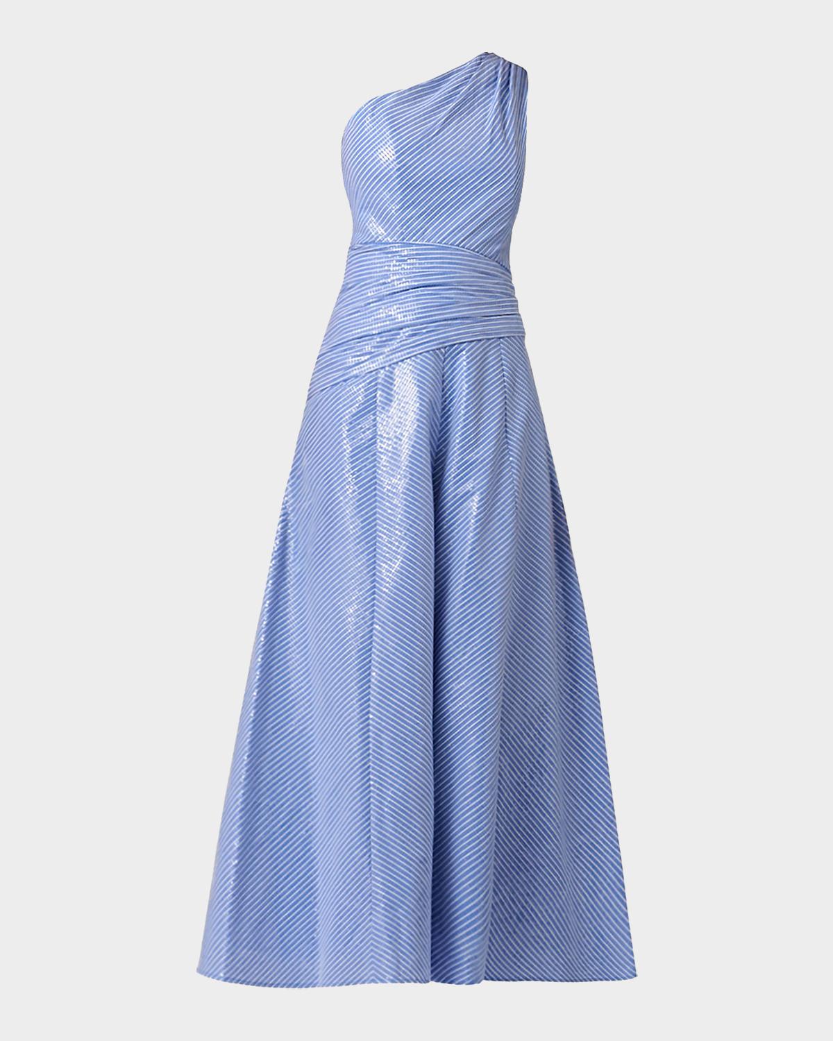 Shoshanna Nikki Sequined Striped One-Shoulder Gown