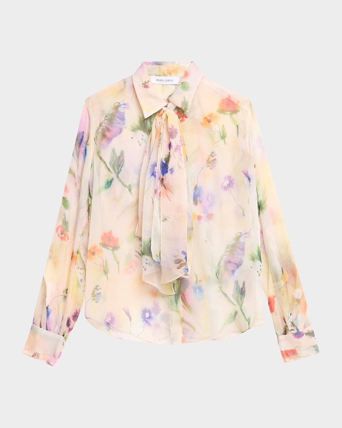Prabal Gurung Floral-Print Collared Blouse with Tie Detail