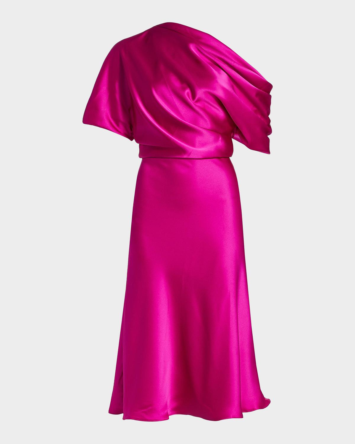 Amsale Draped Satin One-Shoulder Midi Dress