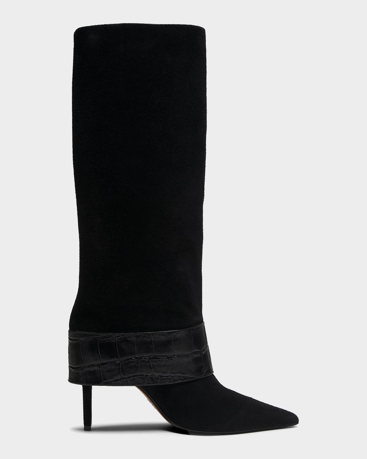 Schutz Beatrix Suede Knee-High Boots with Croc-Embossed Leather Buckle