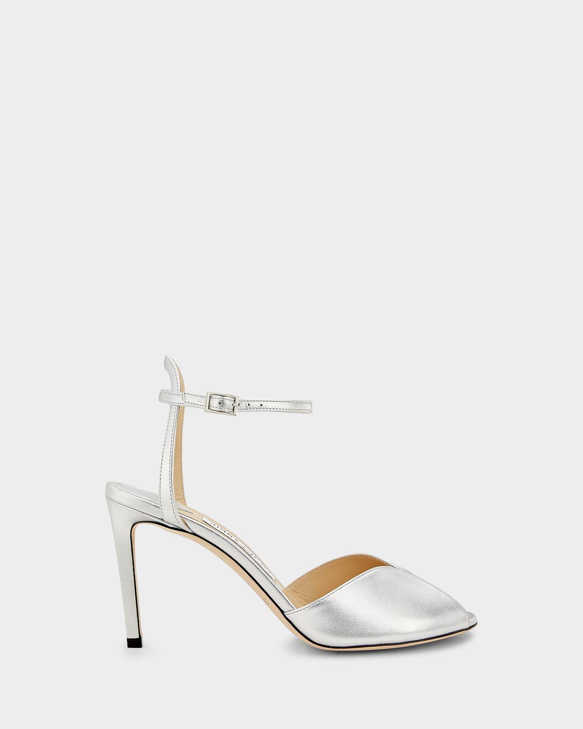Jimmy Choo 85mm Sacora Metallic Leather Ankle-Strap Sandals