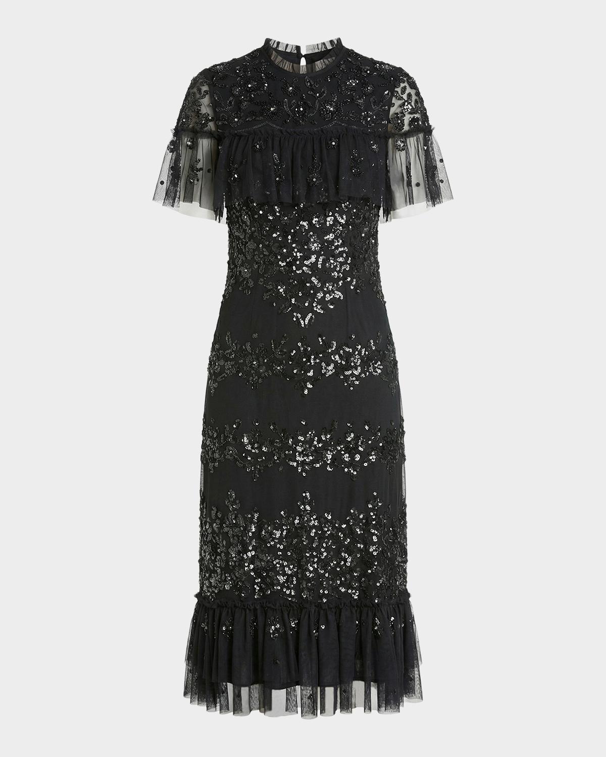 Mac Duggal Ruffle-Trim Sequin Mesh Midi Dress