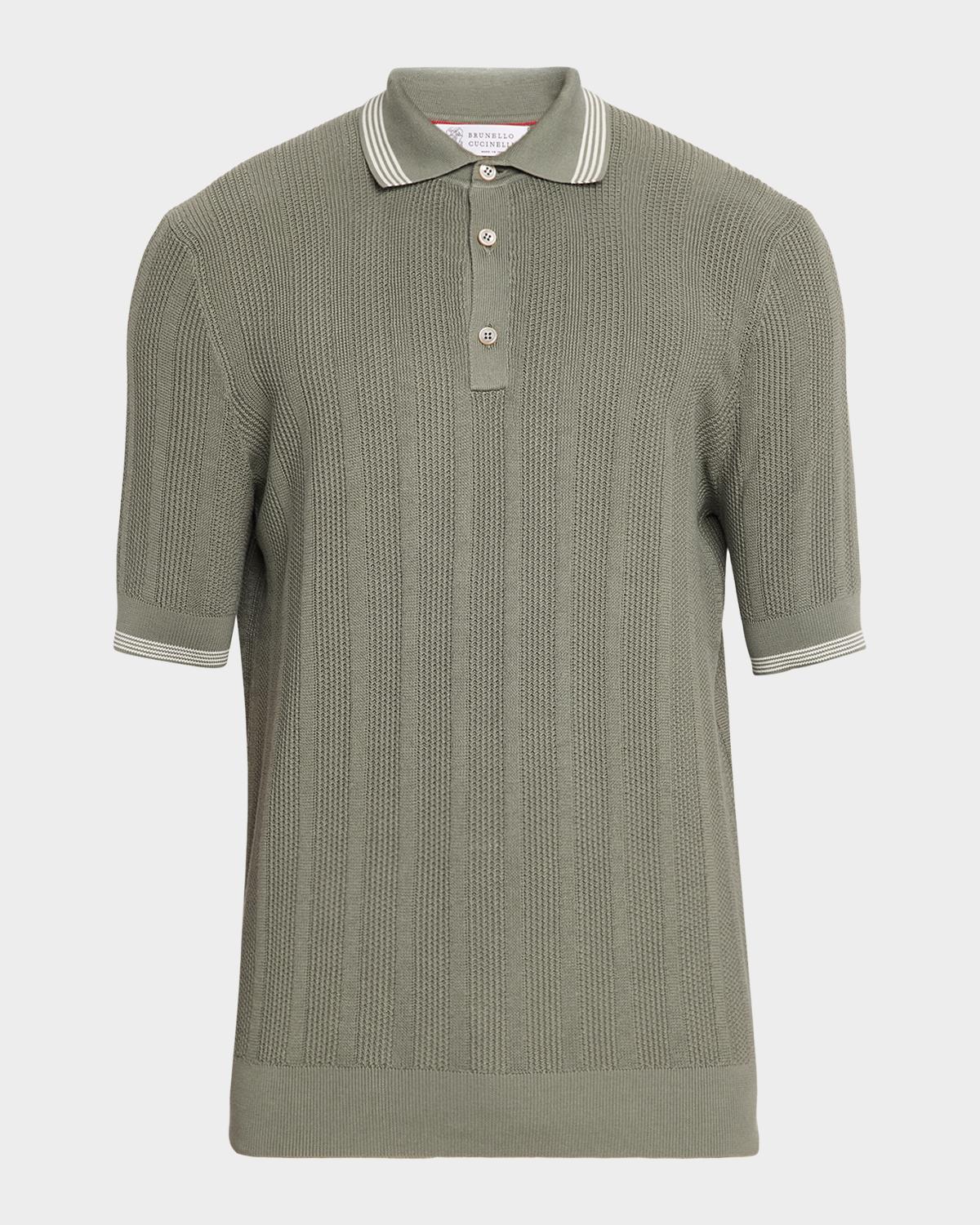Brunello Cucinelli Men's Cotton Textured Rib Knit Polo Shirt
