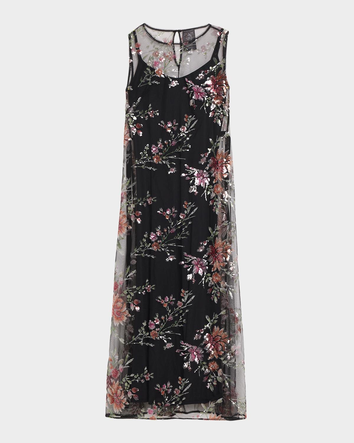 Johnny Was Siza Sleeveless Floral Sequined Mesh Maxi Dress