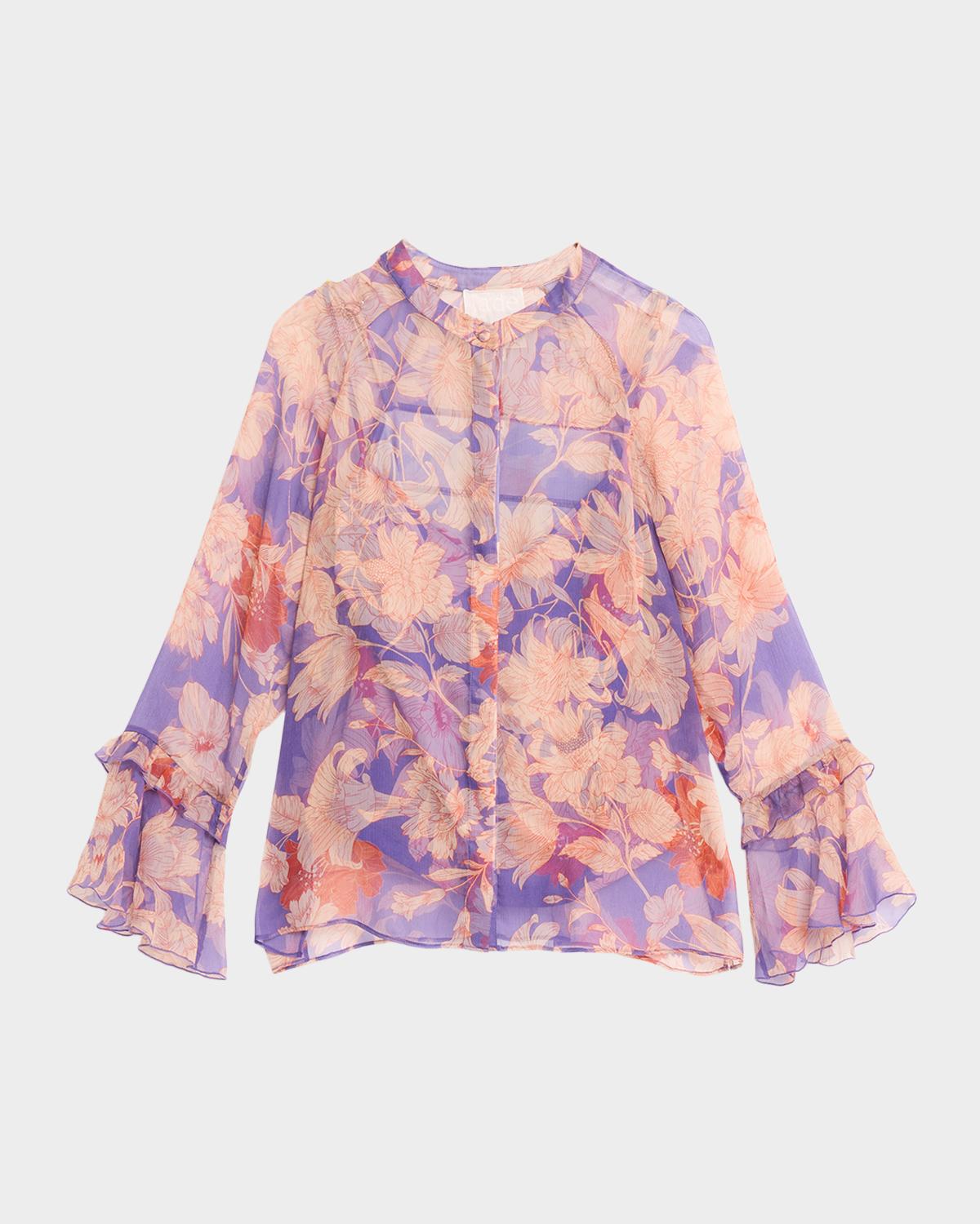 Johnny Was Emerie Floral Silk Ruffle-Sleeve Blouse