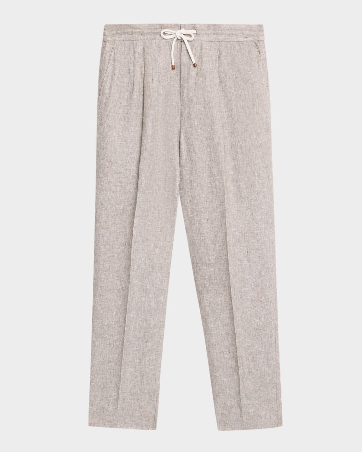 Brunello Cucinelli Men's Double-Pleated Linen Drawstring Pants