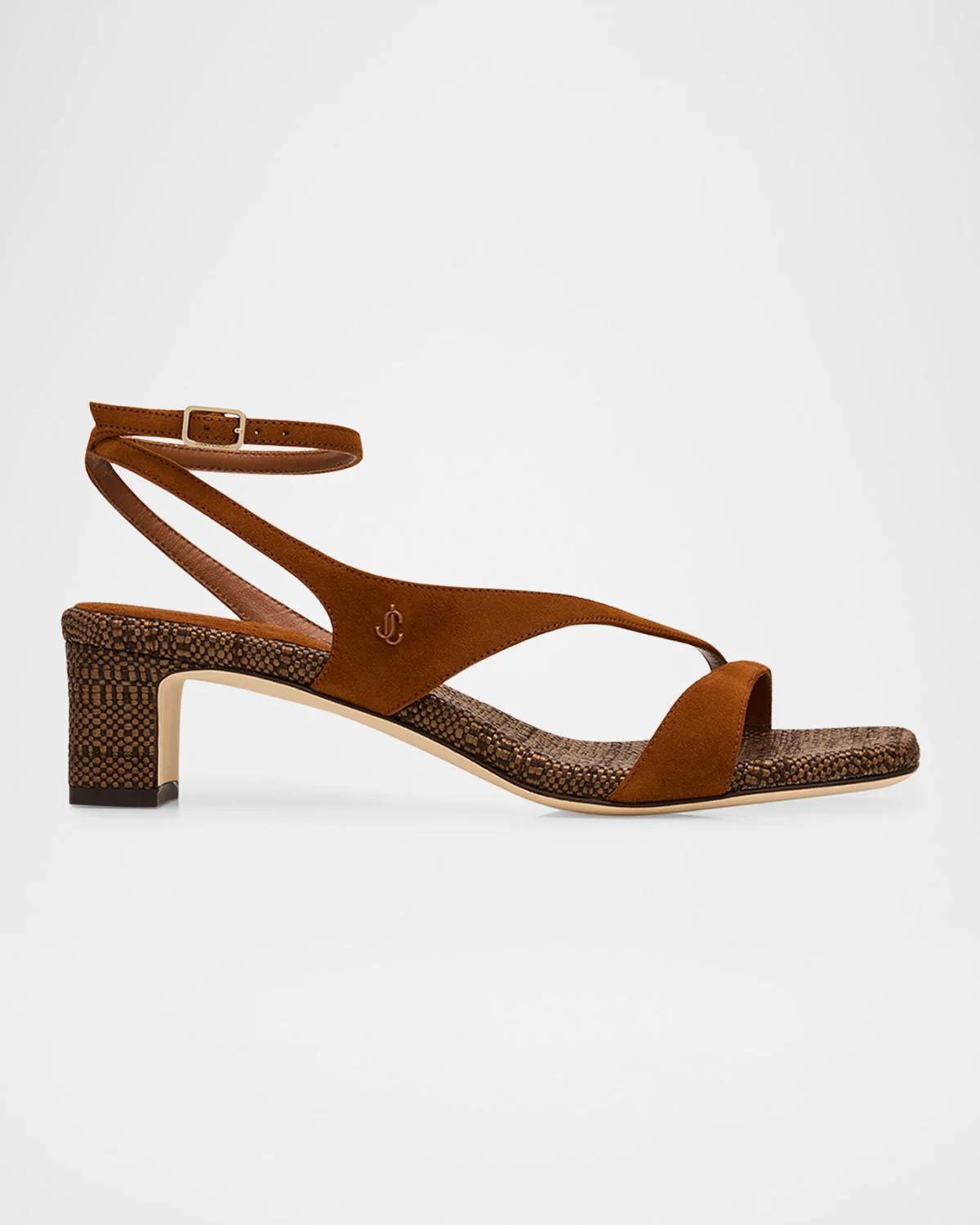 Jimmy Choo 45mm Faye Suede and Raffia Asymmetric Ankle-Strap Sandals