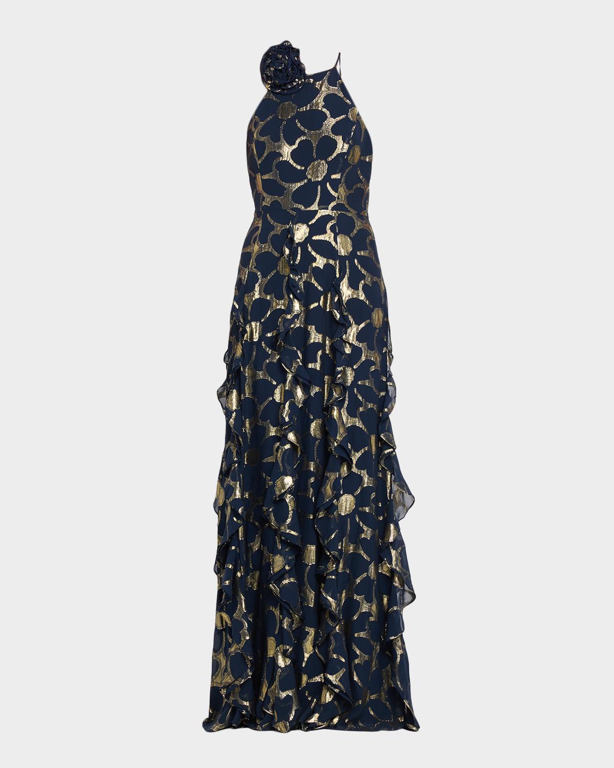 Ramy Brook Idella Ruffle-Trim Metallic Floral Halter Gown