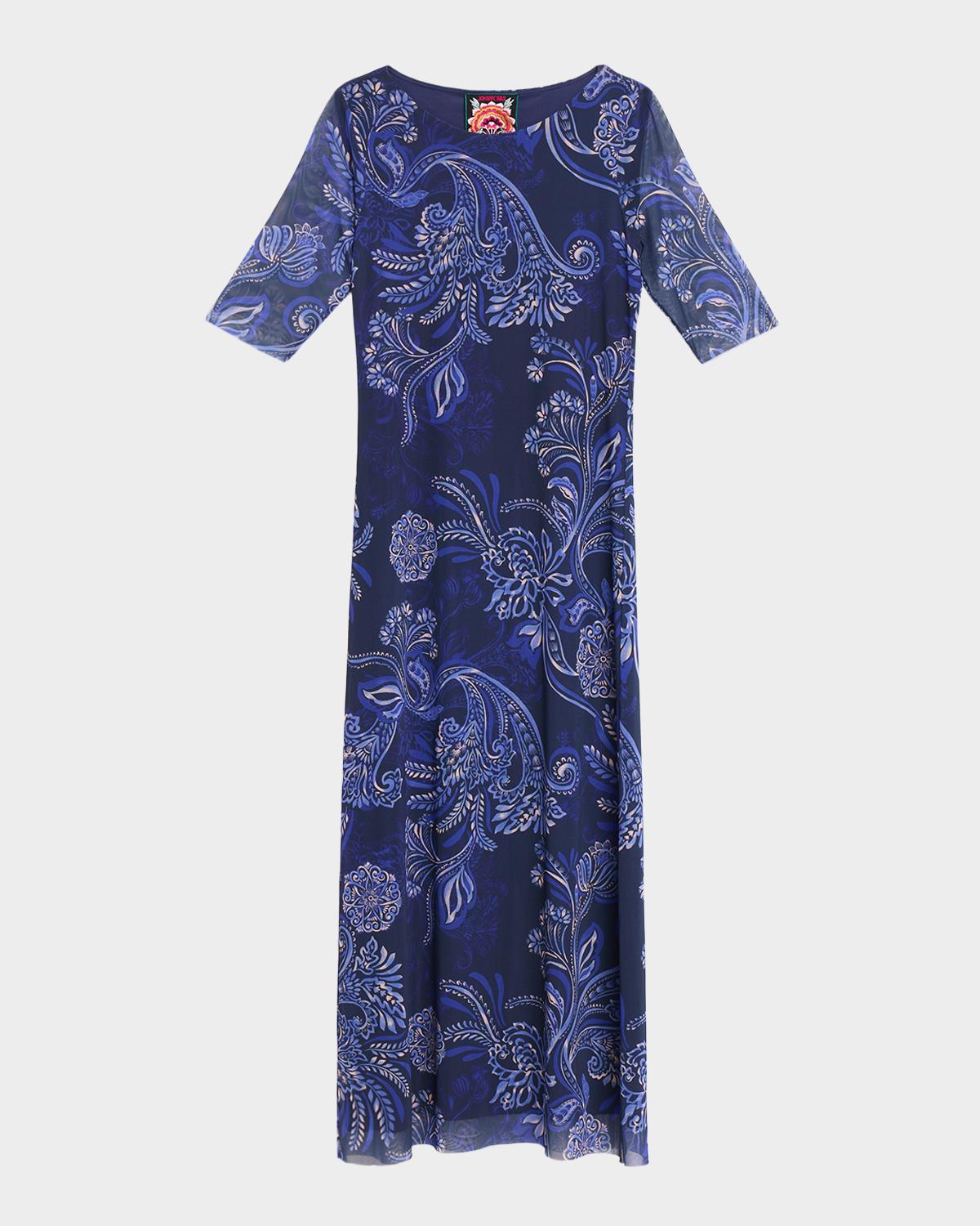Johnny Was Astrid Floral Mesh Elbow-Sleeve Midi Dress