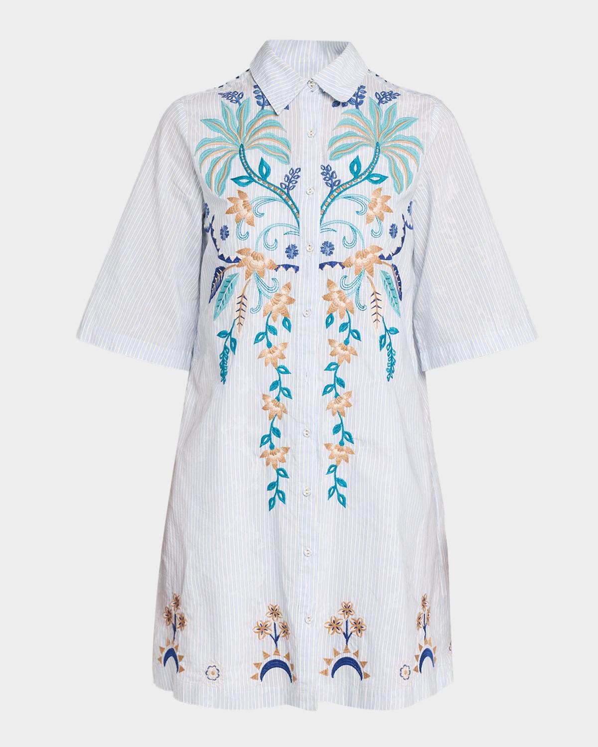 Johnny Was Kimono-Sleeve Embroidered Mini Shirtdress