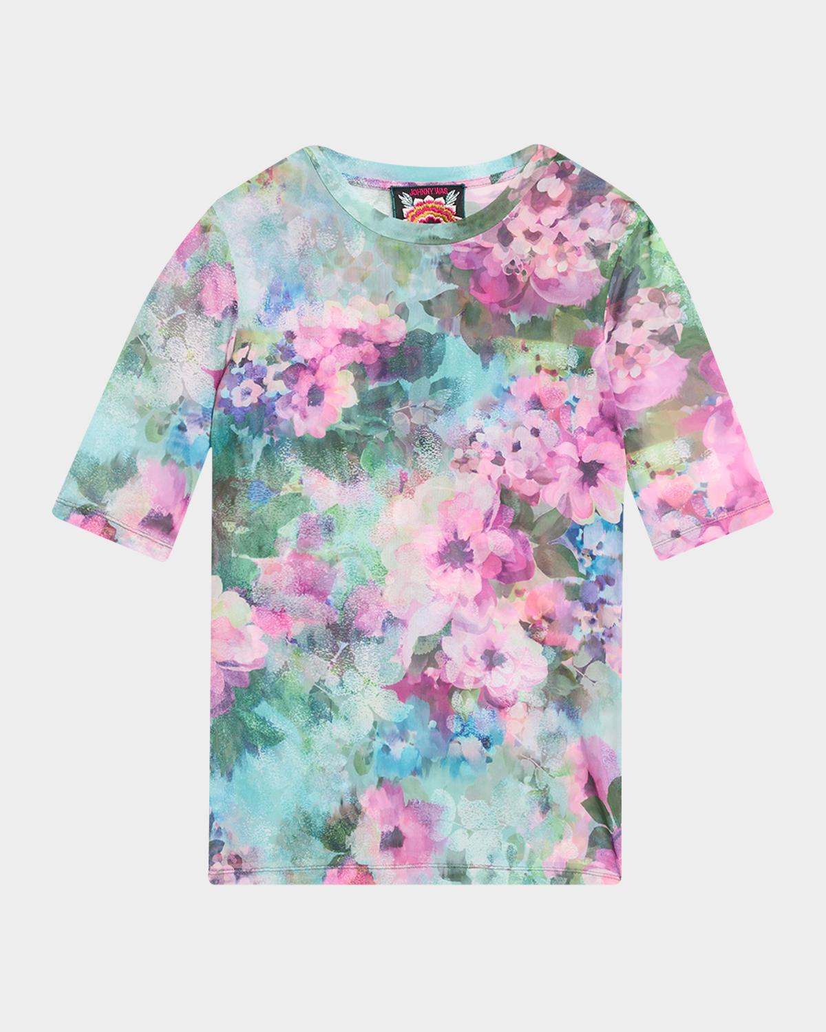 Johnny Was Elbow-Sleeve Floral Mesh Top