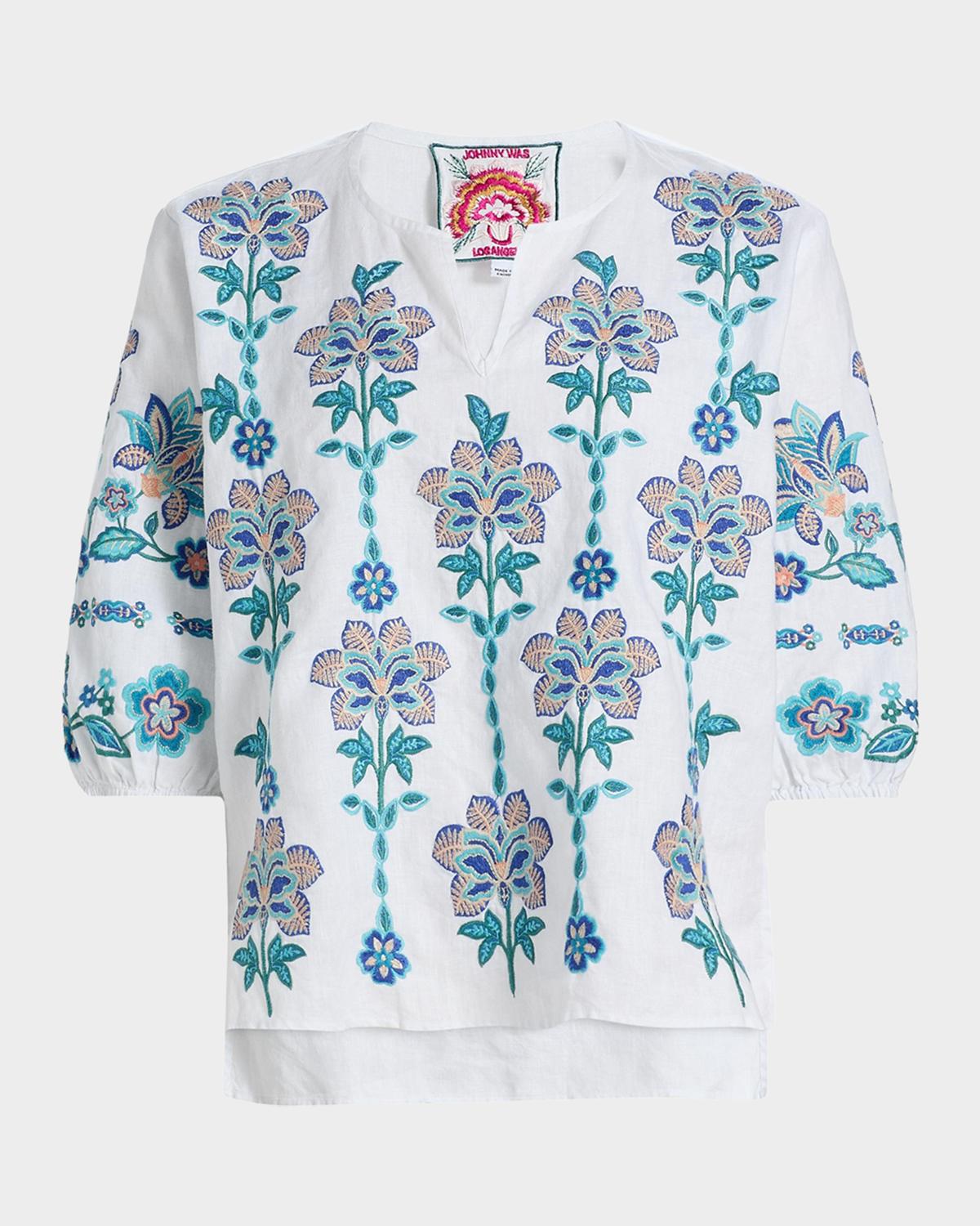 Johnny Was Floral-Embroidered Linen Blouse