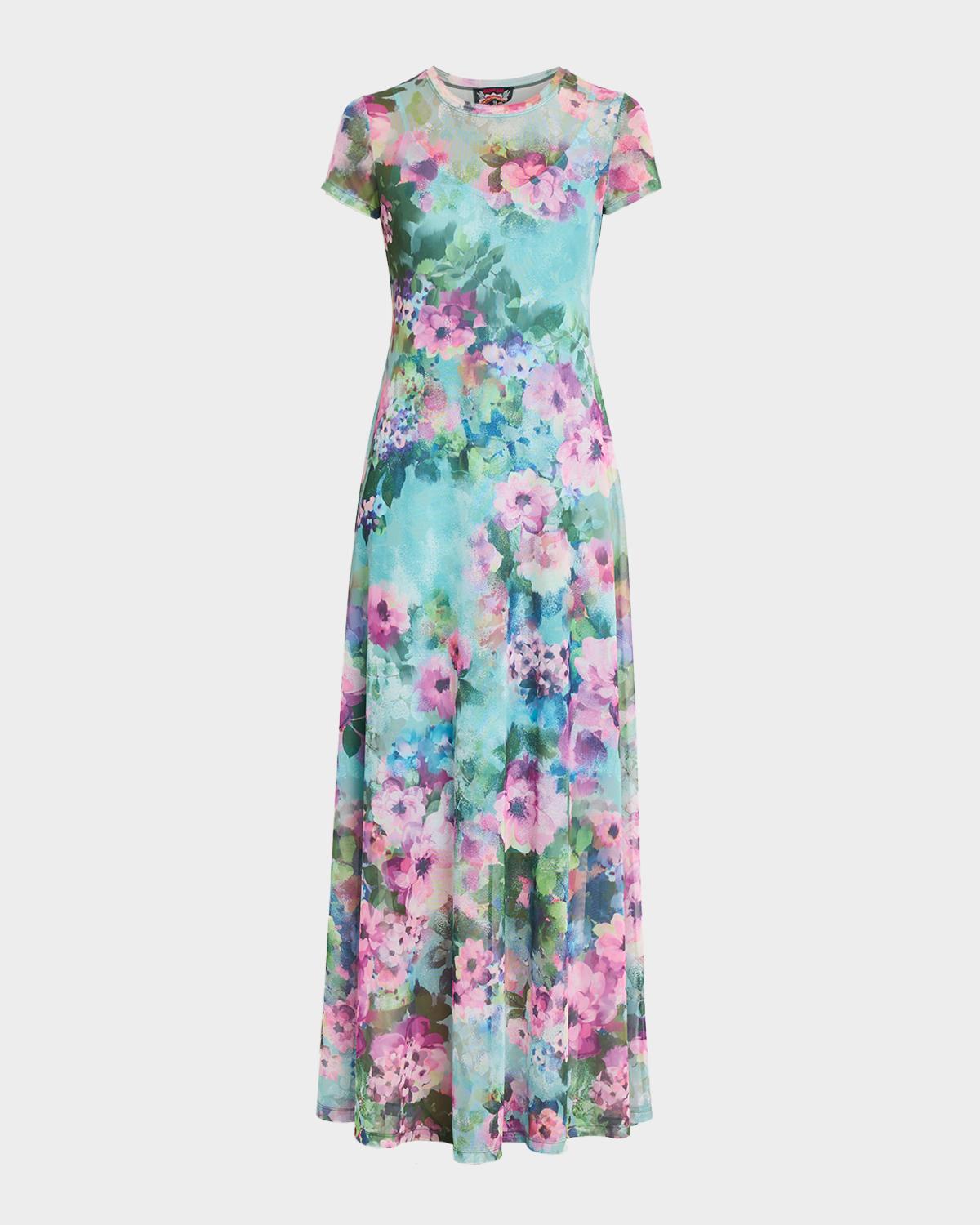 Johnny Was Short-Sleeve Floral Mesh Maxi Dress