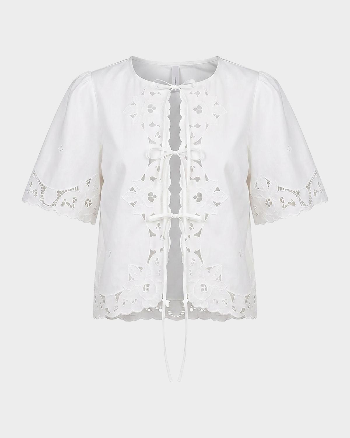 NICHOLAS Isabel Embroidered Tie-Front Cotton Top