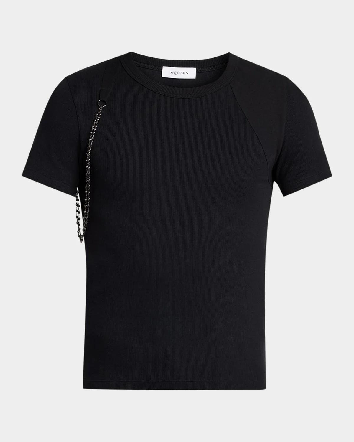 McQueen Men's Beaded Harness Micro-Rib Cotton Crewneck T-Shirt