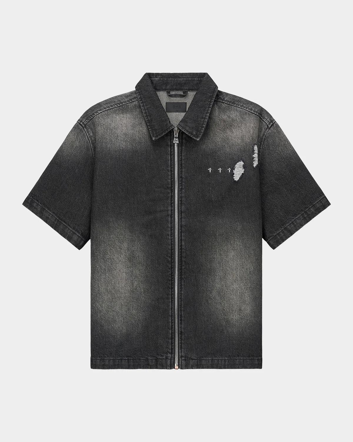 RTA Men's Zeno Full-Zip Denim Short-Sleeve Shirt