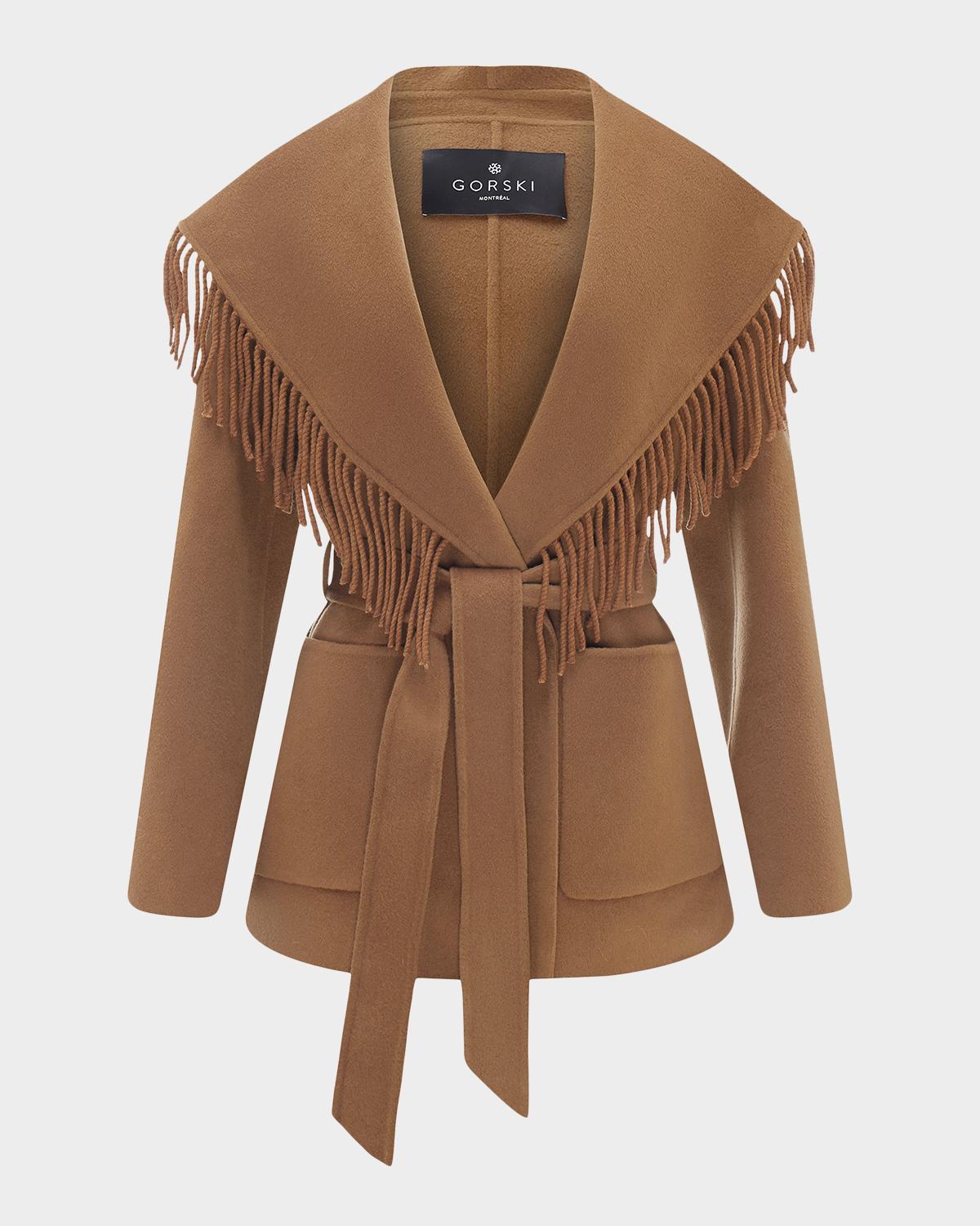 Gorski Fringe Shawl-Lapel Cashmere-Wool Belted Jacket