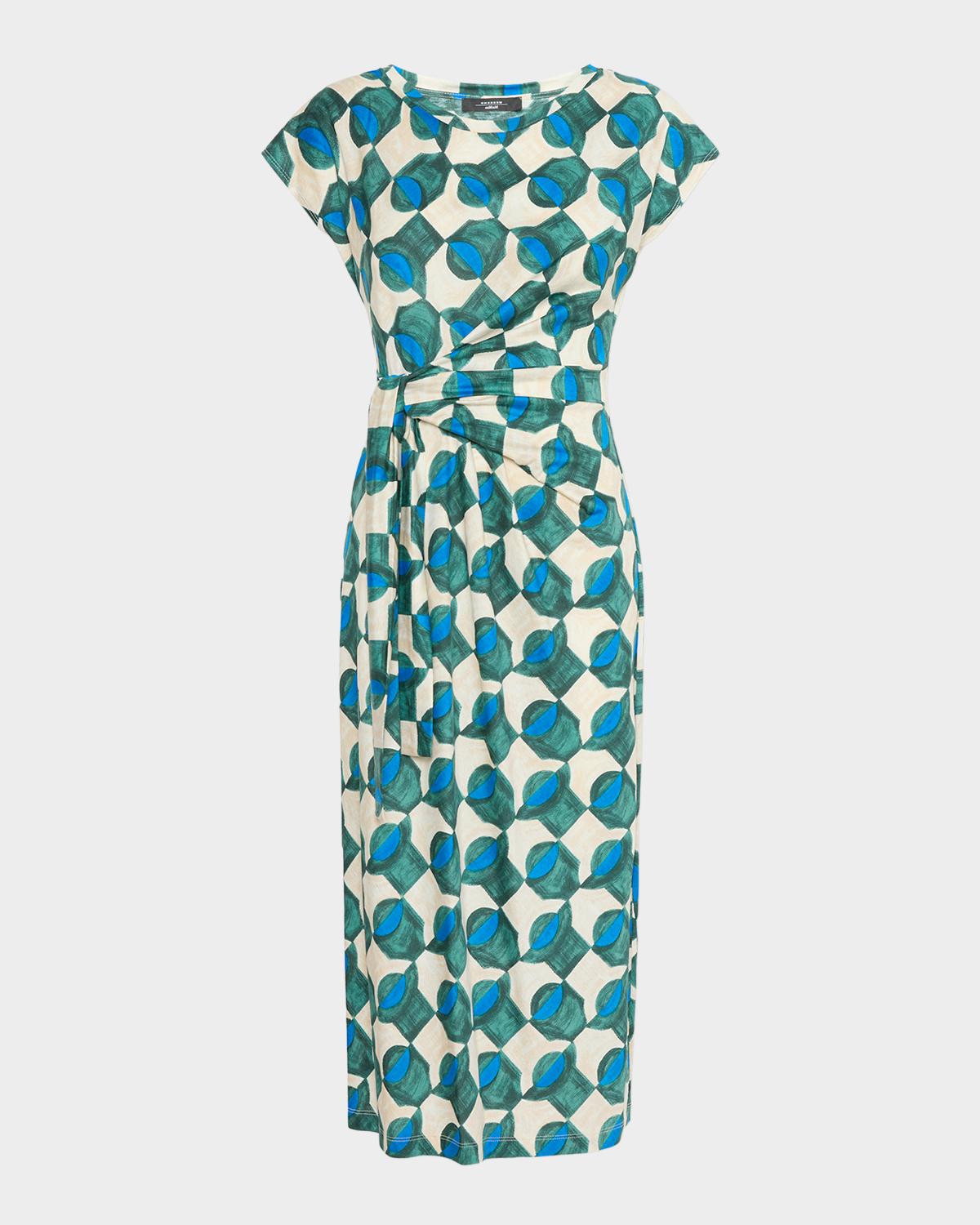 Weekend Max Mara Geo-Print Gathered Cap-Sleeve Midi Dress