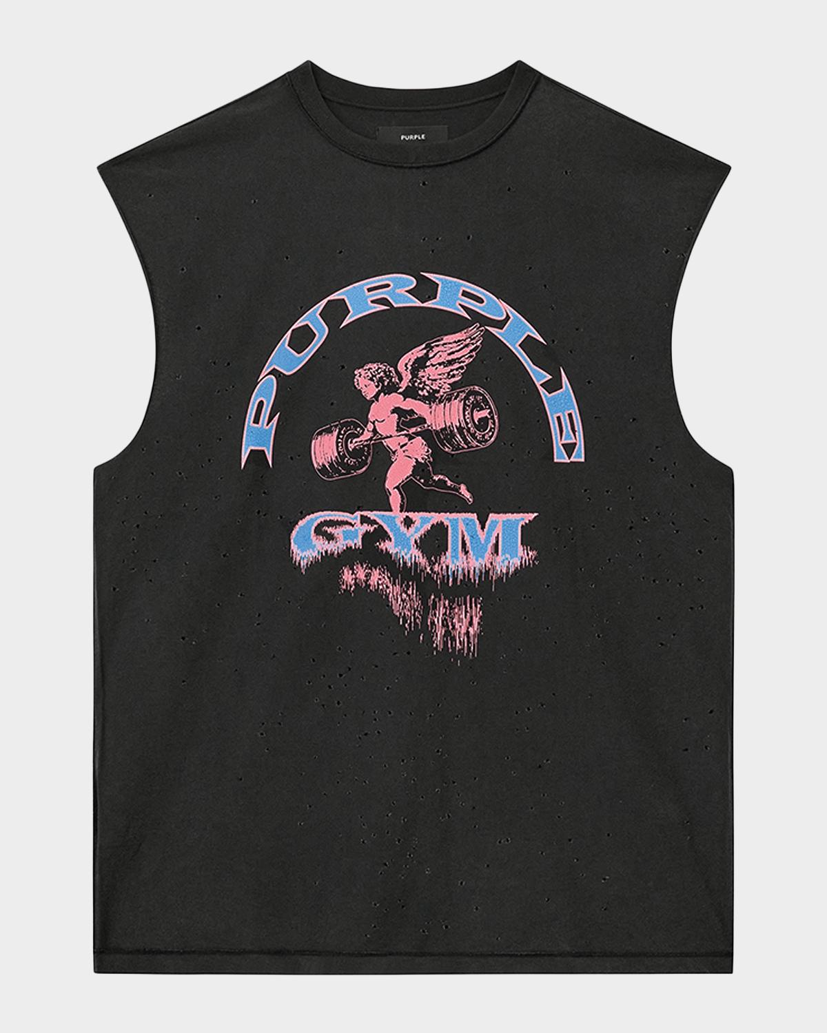 PURPLE Men's Distressed Cotton Gym Logo Sleeveless T-Shirt