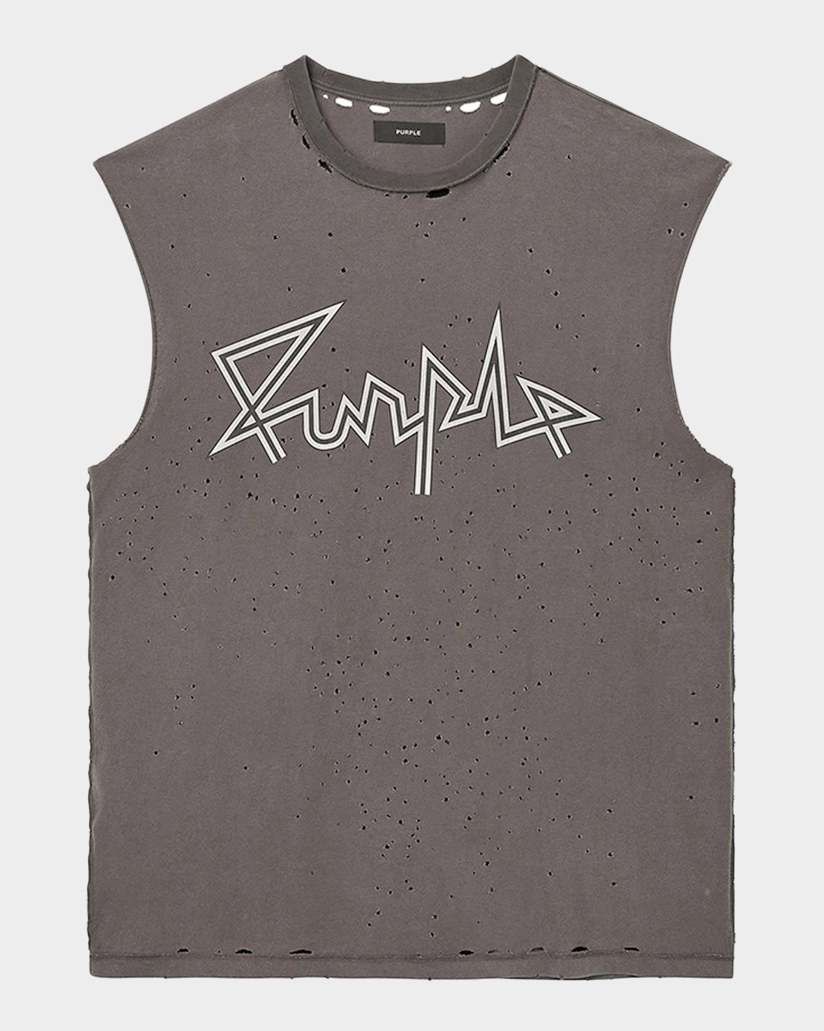 PURPLE Men's Distressed Cotton Sleeveless Logo T-Shirt