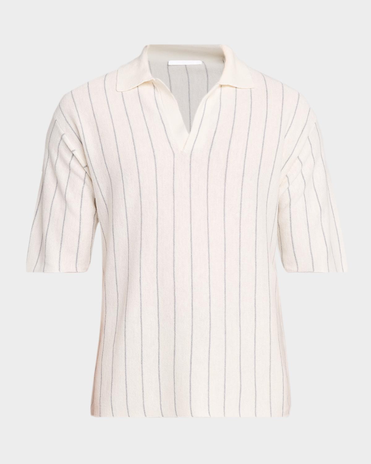 Helmut Lang Men's Linen and Cotton Stripe Johnny Collar Polo Shirt