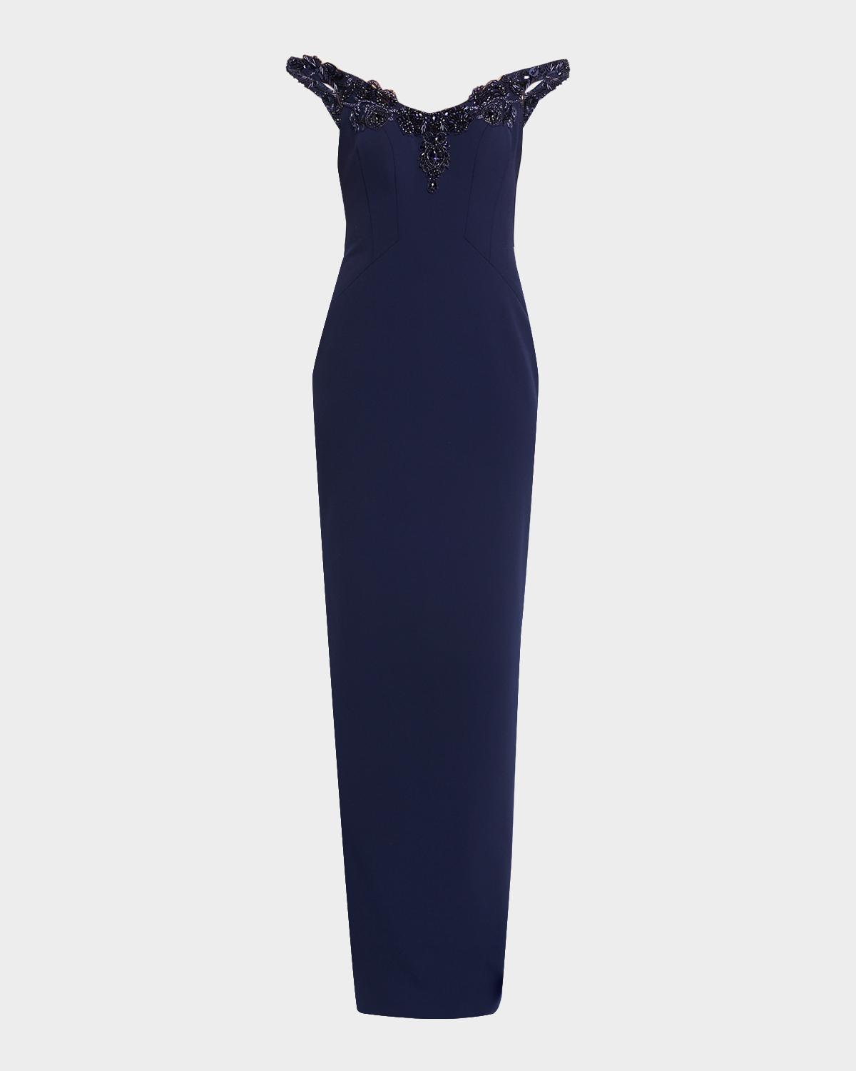 Pamella Roland Embroidered Sleeveless Crepe Column Gown