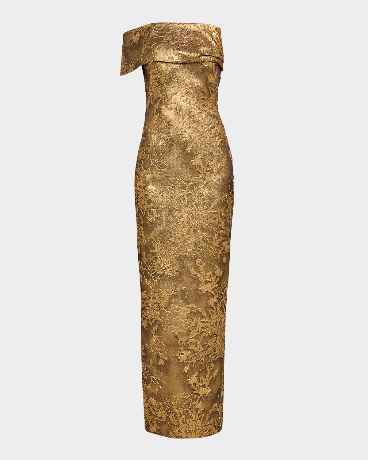 Pamella Roland Asymmetric Off-The-Shoulder Metallic Jacquard Gown