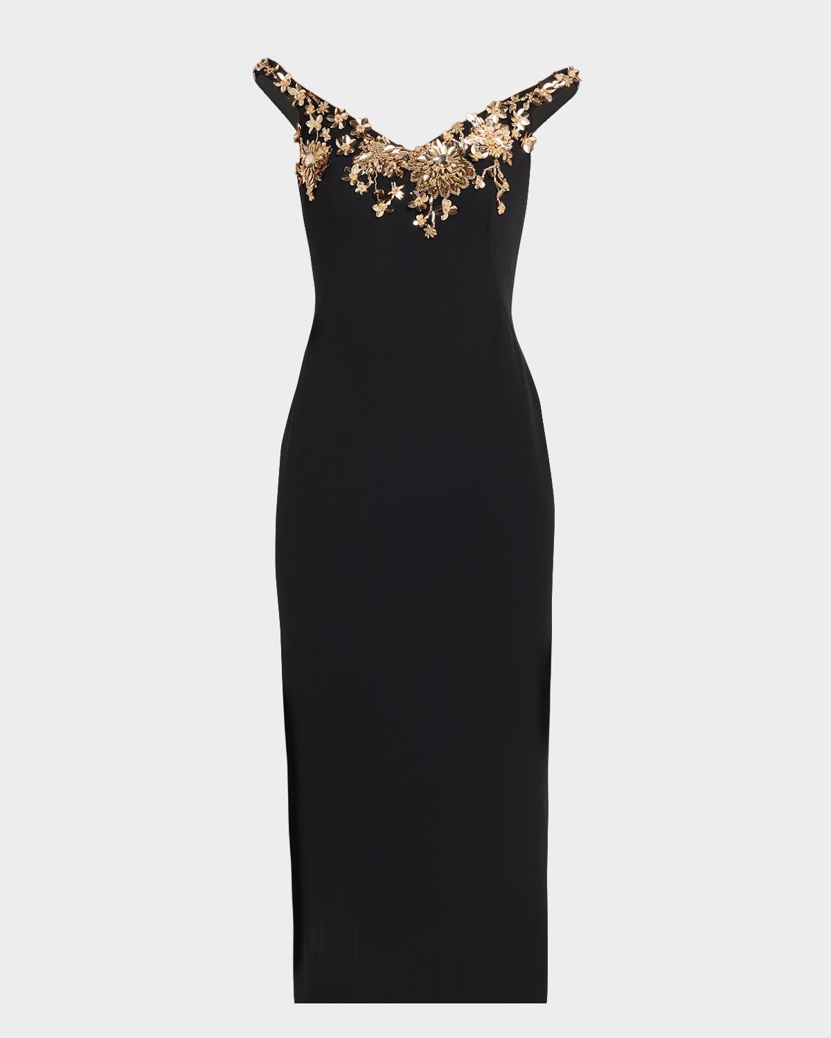 Pamella Roland Floral Embroidered Crepe Off-The-Shoulder Midi Dress
