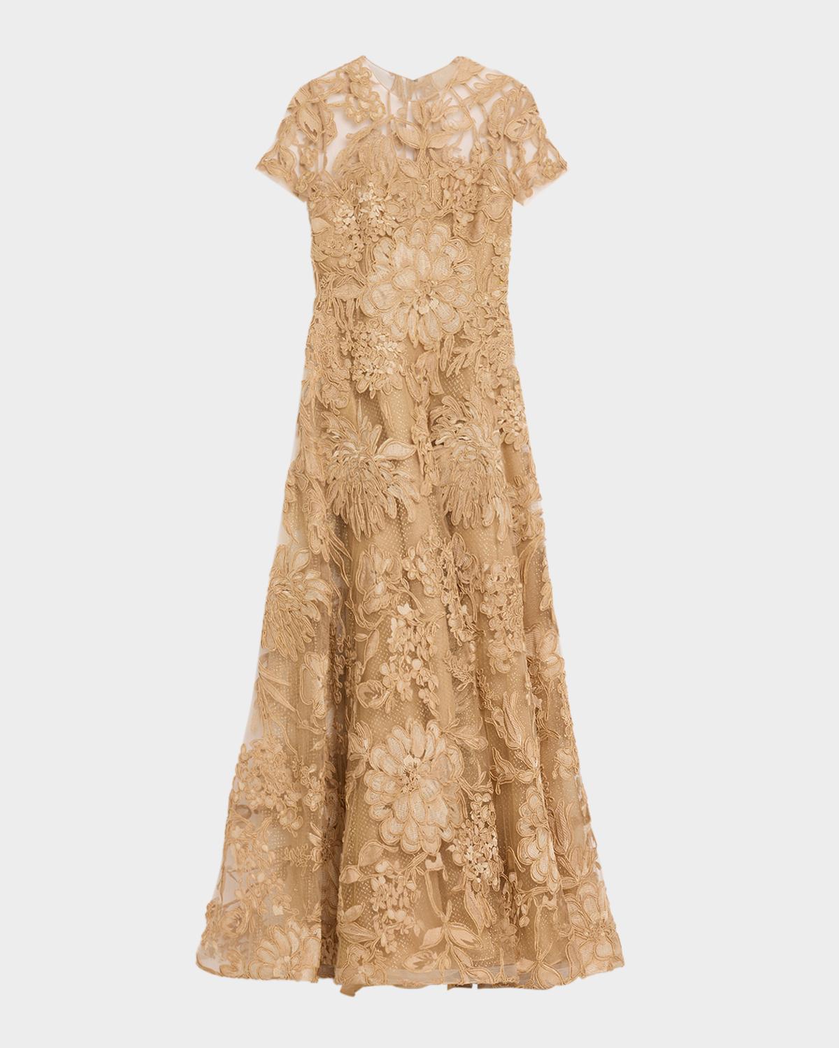 Naeem Khan Floral Raffia Short-Sleeve Gown