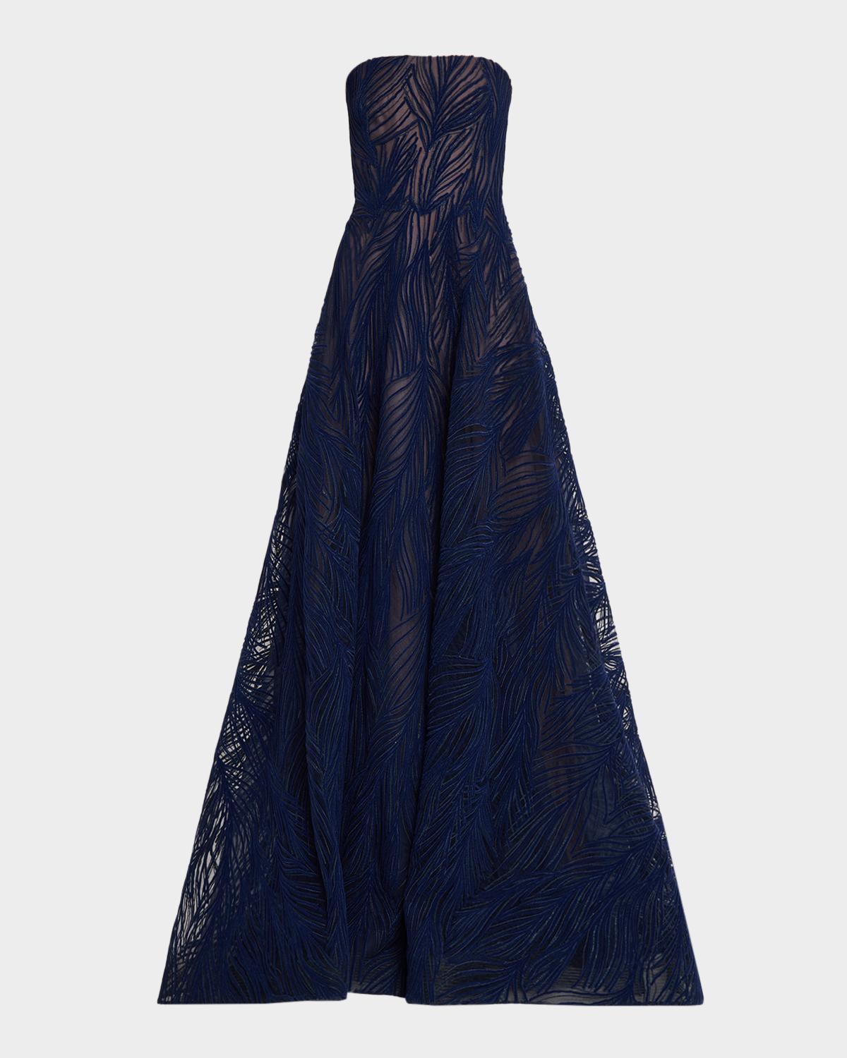 Naeem Khan Strapless Light Velvet Embroidered A-Line Gown