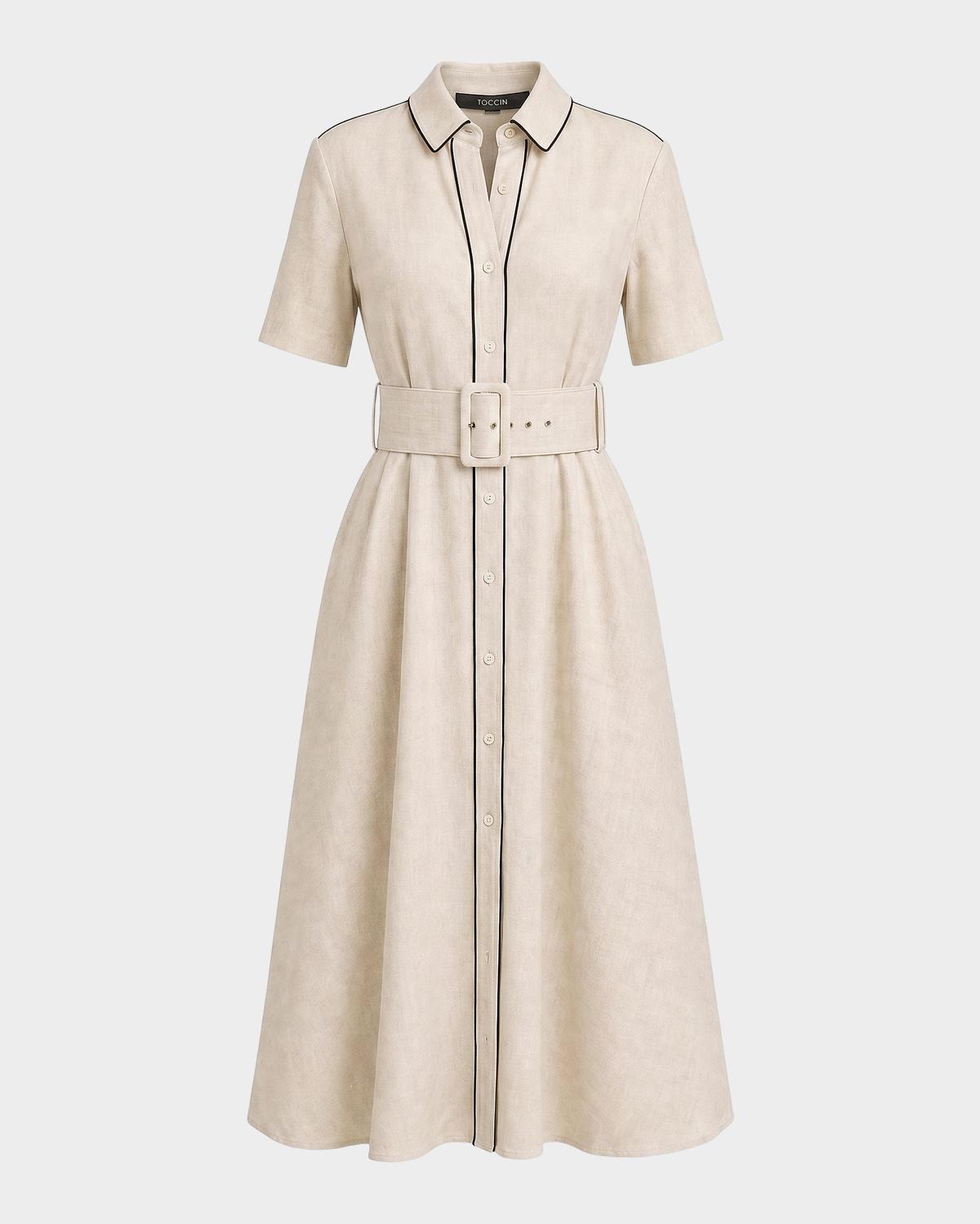 Toccin Jean Linen-Blend Belted A-Line Midi Shirtdress