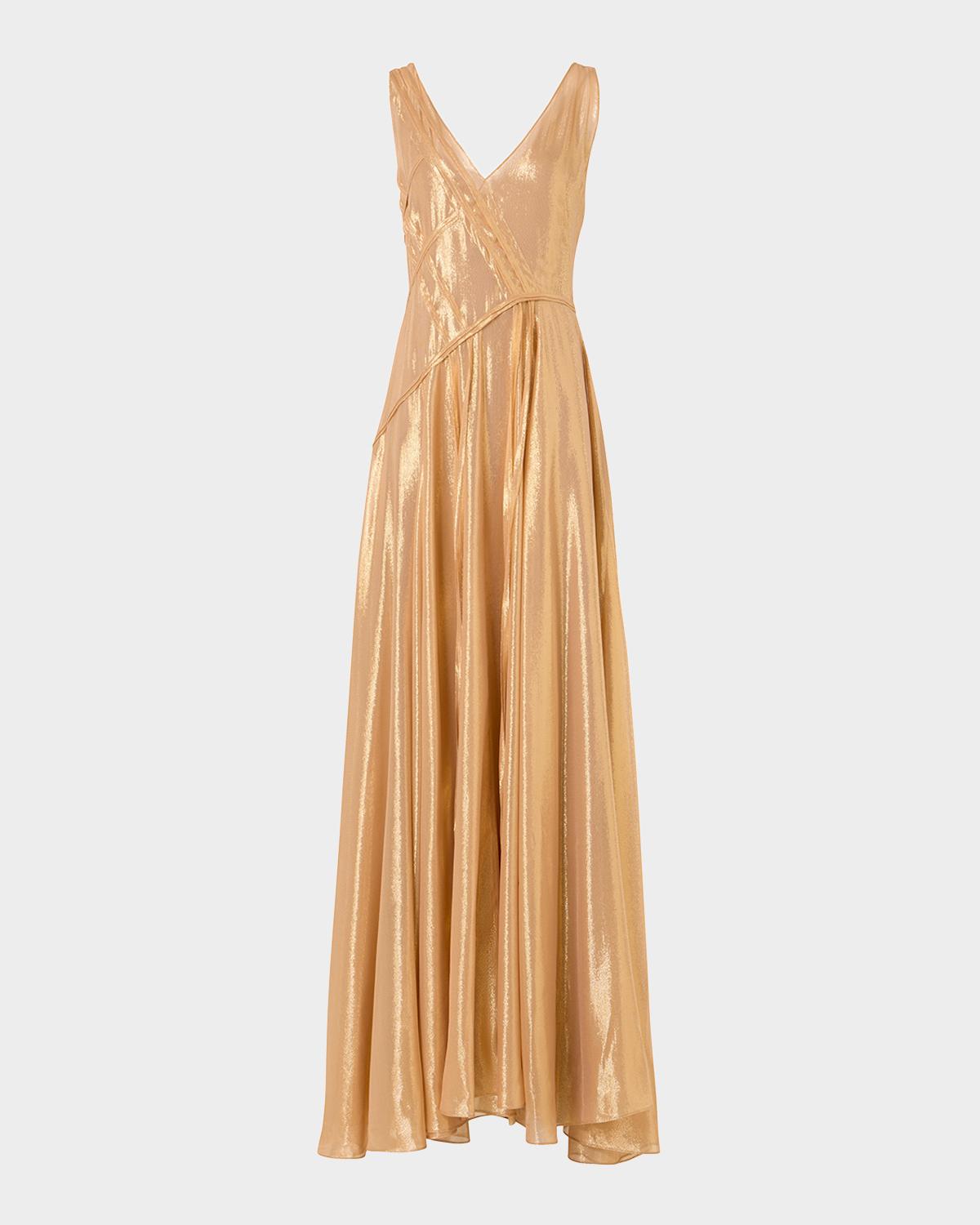 Akris Sleeveless Asymmetric Paneled Lamé Silk Gown In Gold