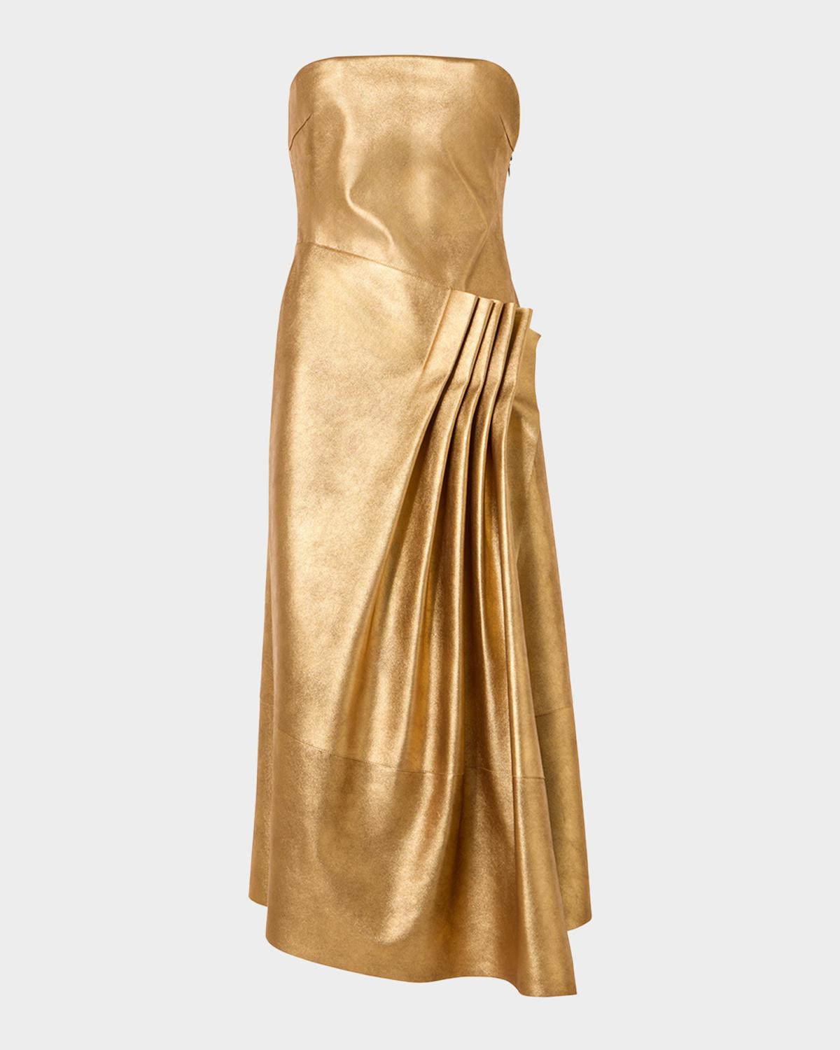 Akris Strapless Asymmetric Gathered Lamé Nappa Leather Midi Bustier Gown In Gold